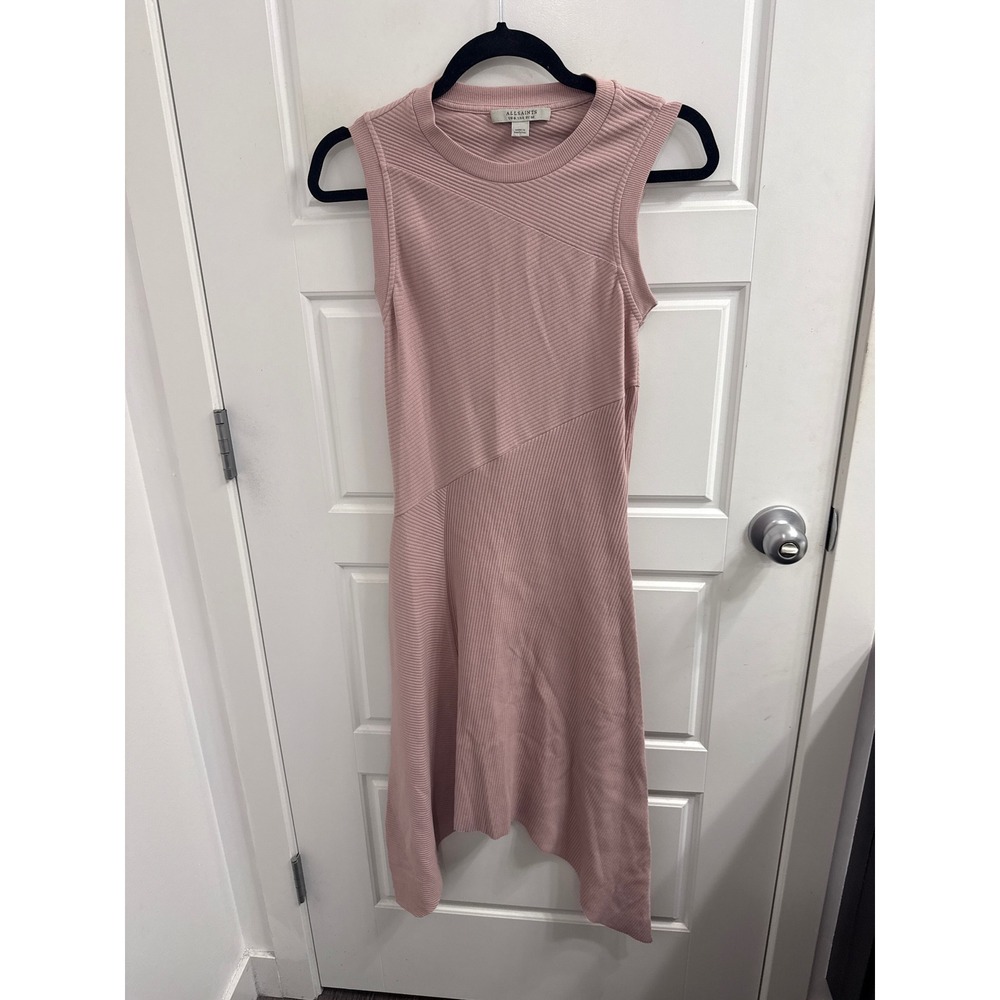 AllSaints Gia Dress Pink Ribbed Knit Sleeveless Handkerchief Hem Midi US 4